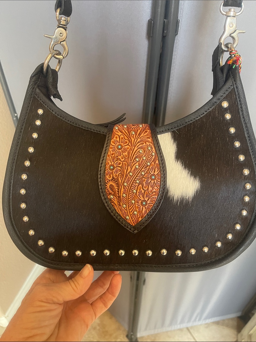 MYRA-Santa Fe Handtooled Bag For Women In Black With Hairon And Studded Detail